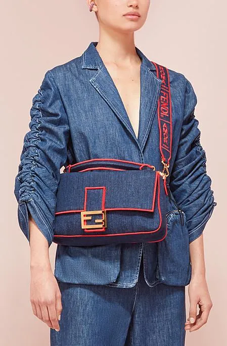 Baguette Large Blue Denim Bag - Fluorescent Yellow, Neon Orange, Red
