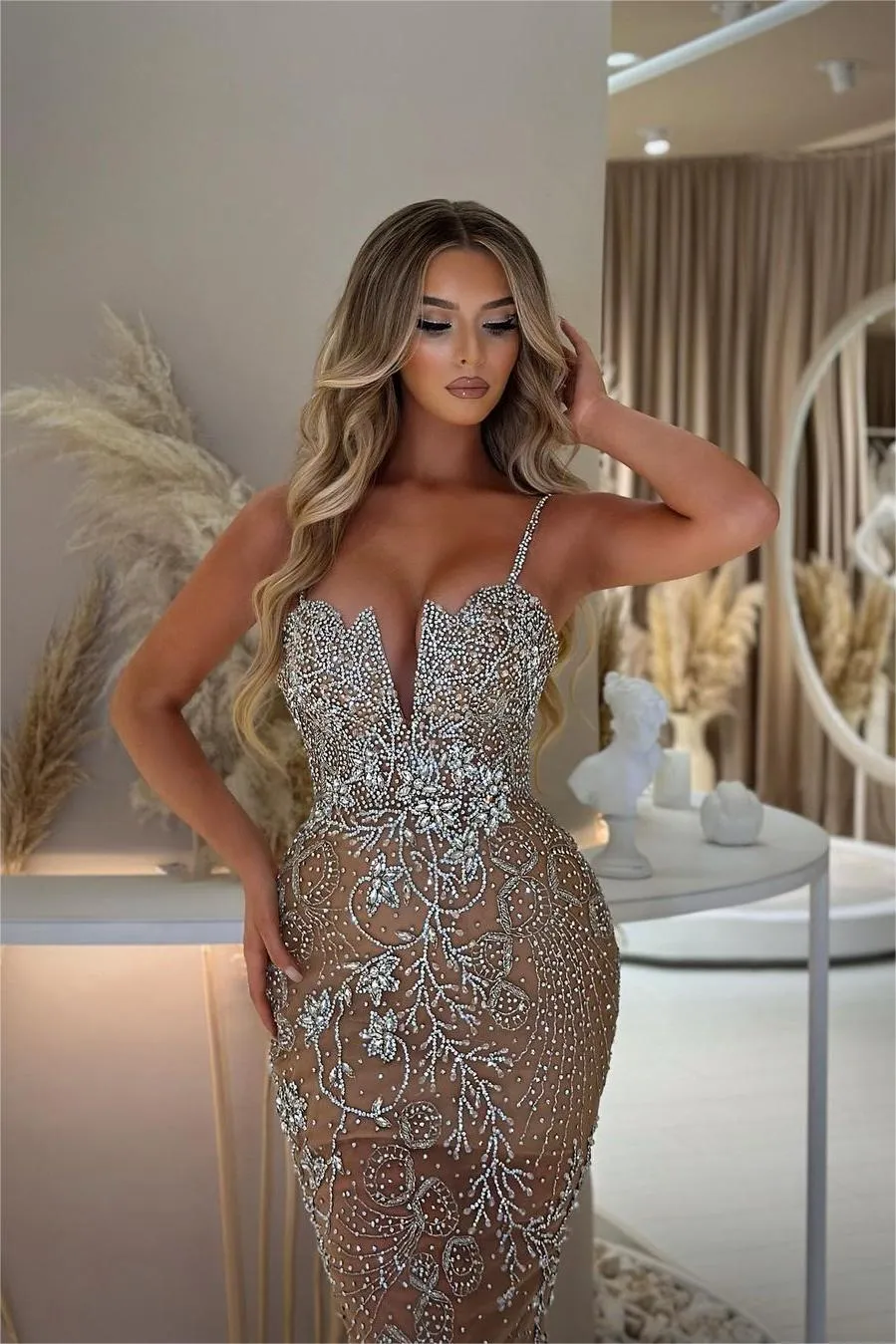 Ballbellas Exquisite Spaghetti Strap Sleeveless Mermaid Beaded Long Evening Dress with Embroidery