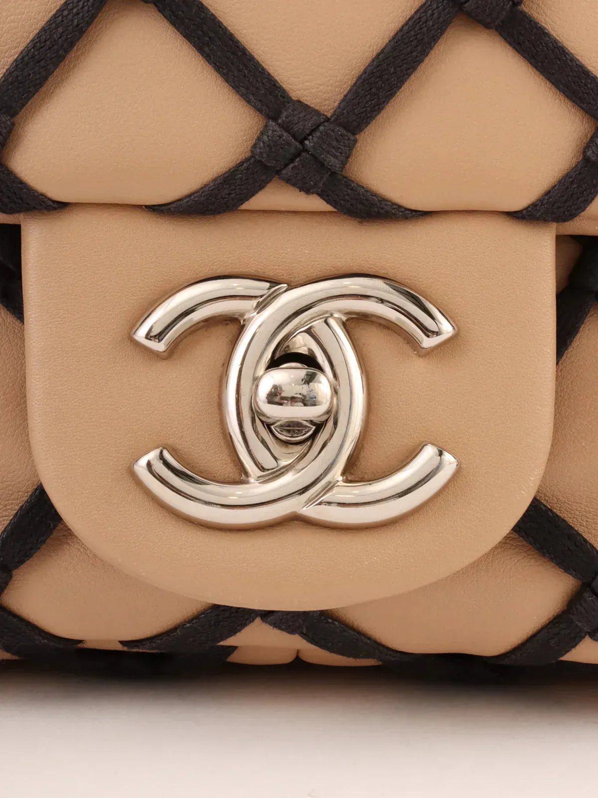 CHANEL Around 2010 Made Clochette Turn-Lock Chain Shoulder Bag Beige/Black