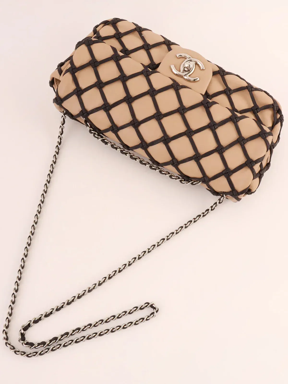 CHANEL Around 2010 Made Clochette Turn-Lock Chain Shoulder Bag Beige/Black