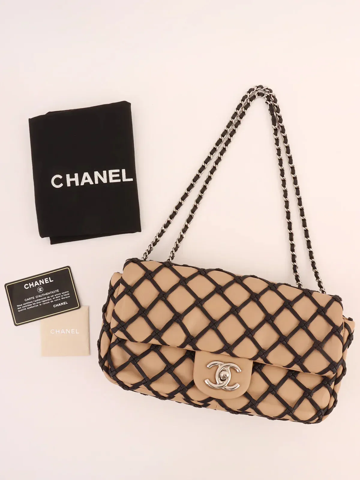 CHANEL Around 2010 Made Clochette Turn-Lock Chain Shoulder Bag Beige/Black