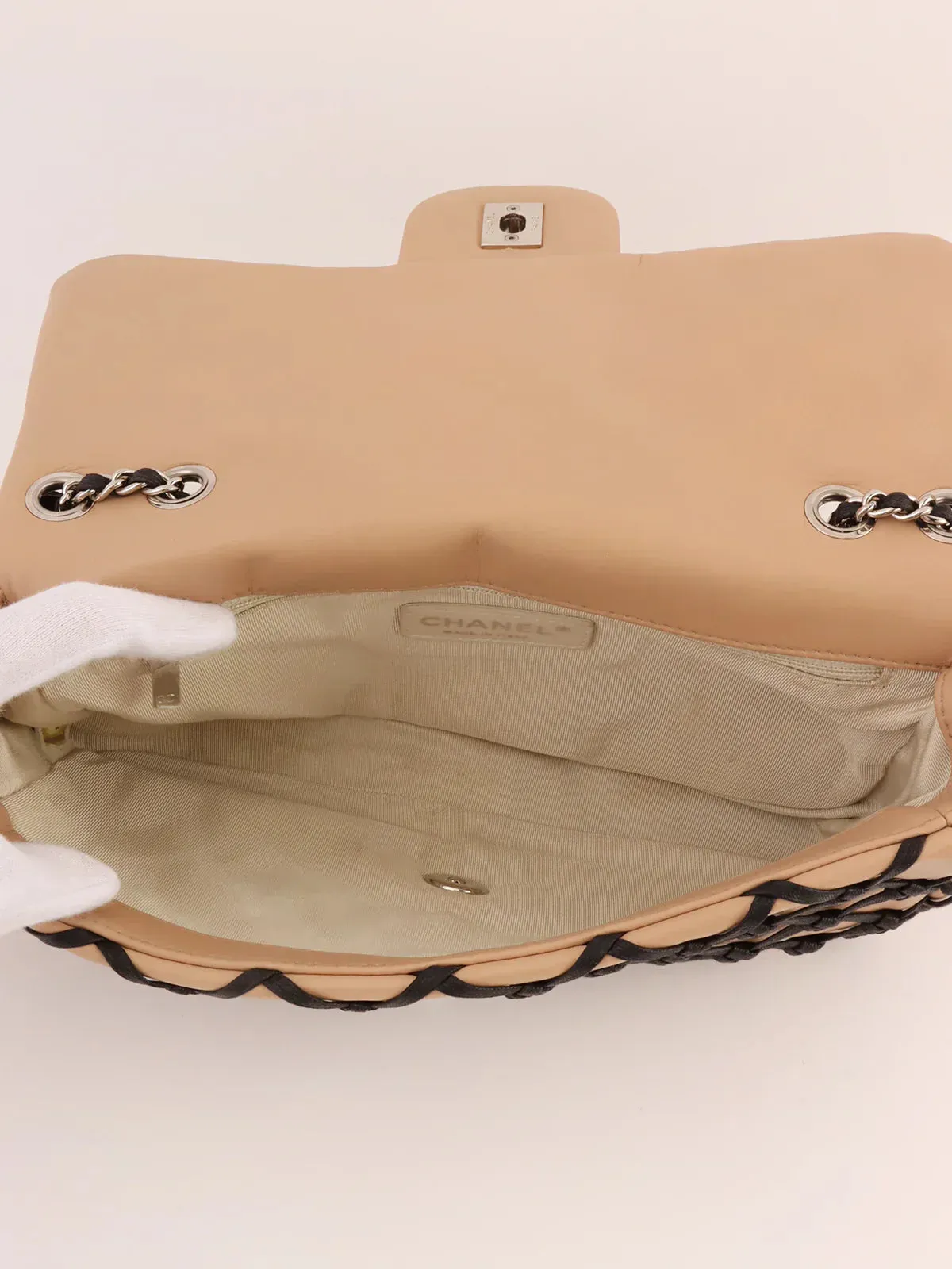 CHANEL Around 2010 Made Clochette Turn-Lock Chain Shoulder Bag Beige/Black