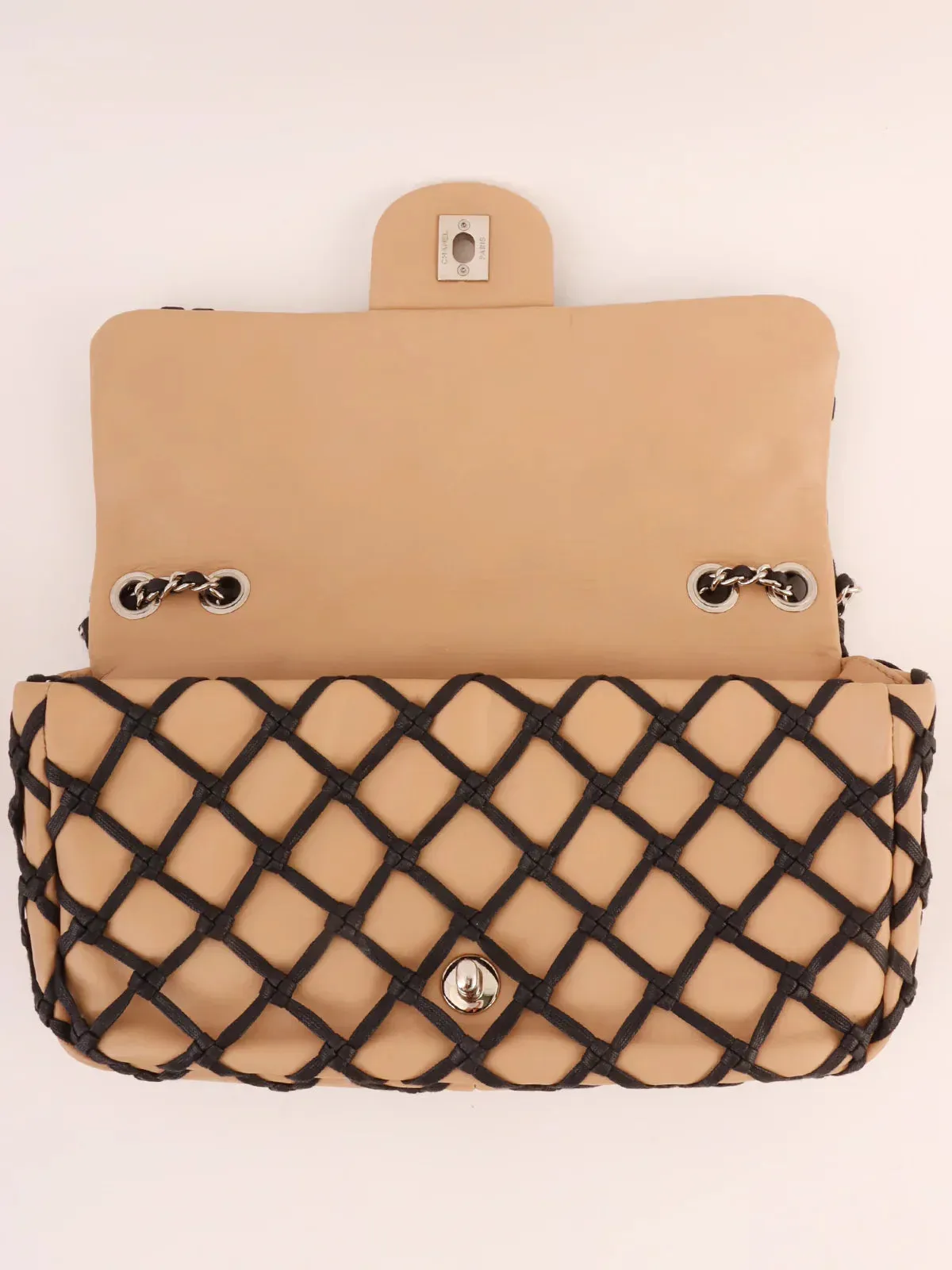 CHANEL Around 2010 Made Clochette Turn-Lock Chain Shoulder Bag Beige/Black