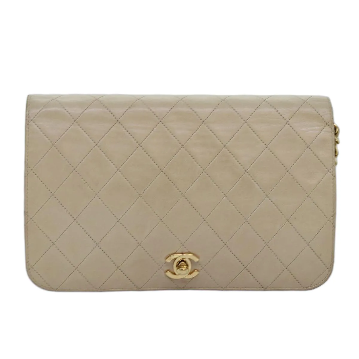 CHANEL Chain Shoulder Bag Lamb Skin Beige CC Auth 74732A