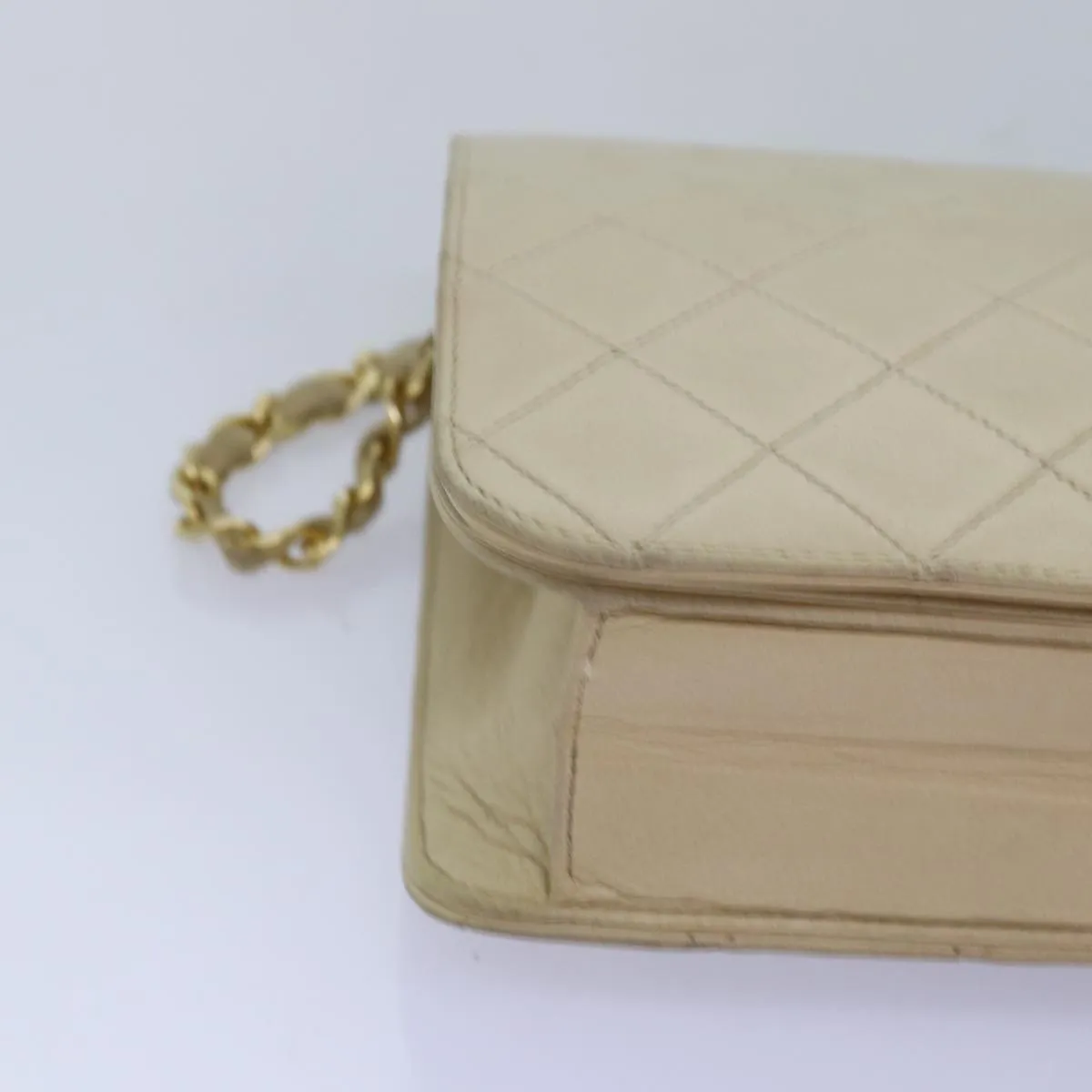 CHANEL Chain Shoulder Bag Lamb Skin Beige CC Auth 74732A