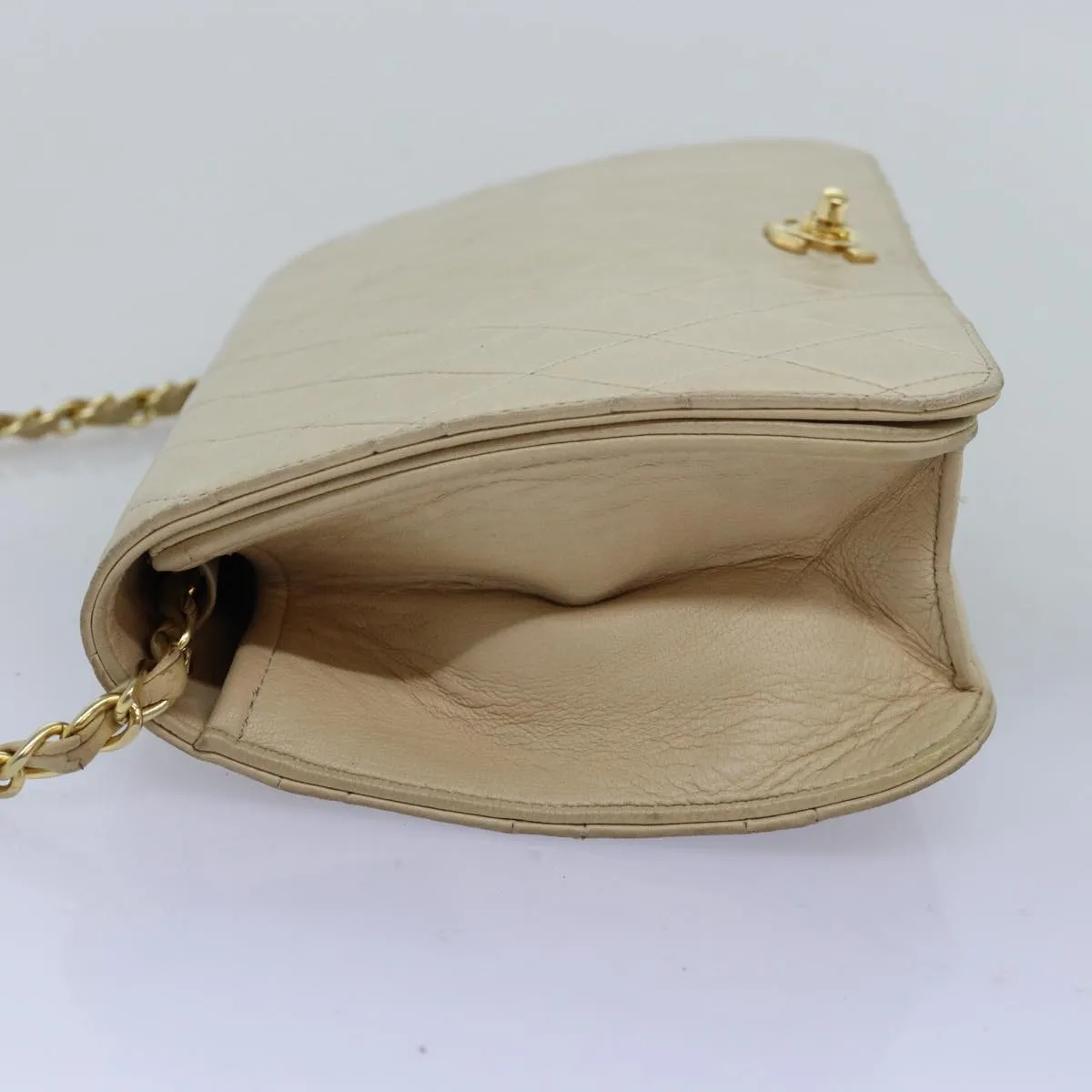 CHANEL Chain Shoulder Bag Lamb Skin Beige CC Auth 74732A