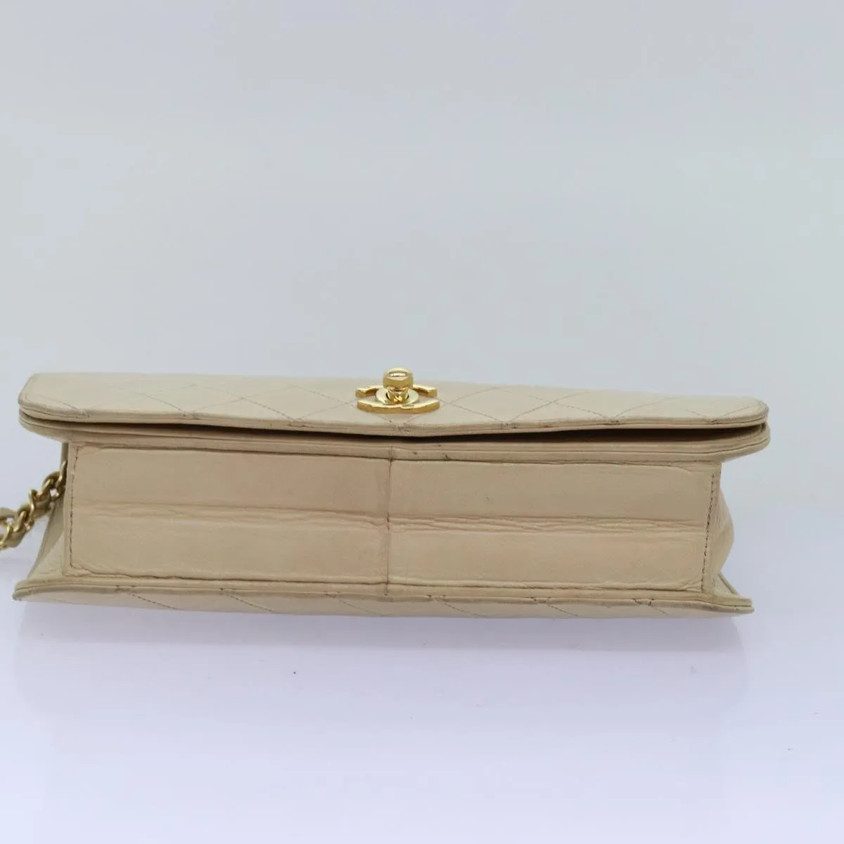CHANEL Chain Shoulder Bag Lamb Skin Beige CC Auth 74732A