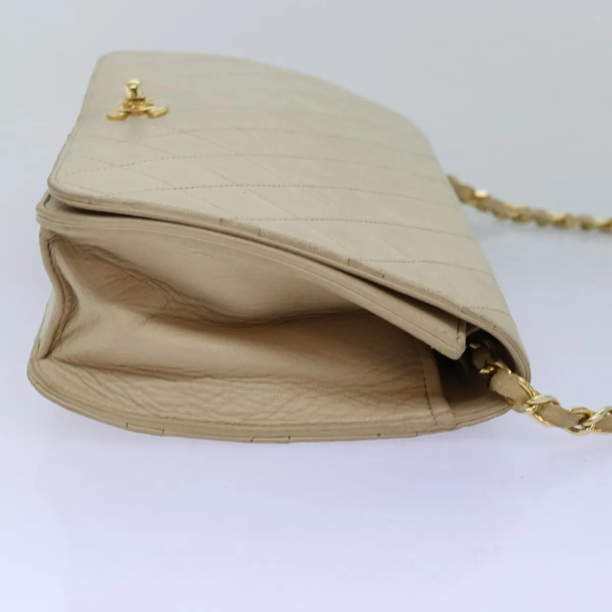 CHANEL Chain Shoulder Bag Lamb Skin Beige CC Auth 74732A