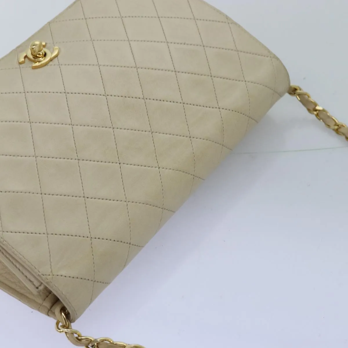 CHANEL Chain Shoulder Bag Lamb Skin Beige CC Auth 74732A