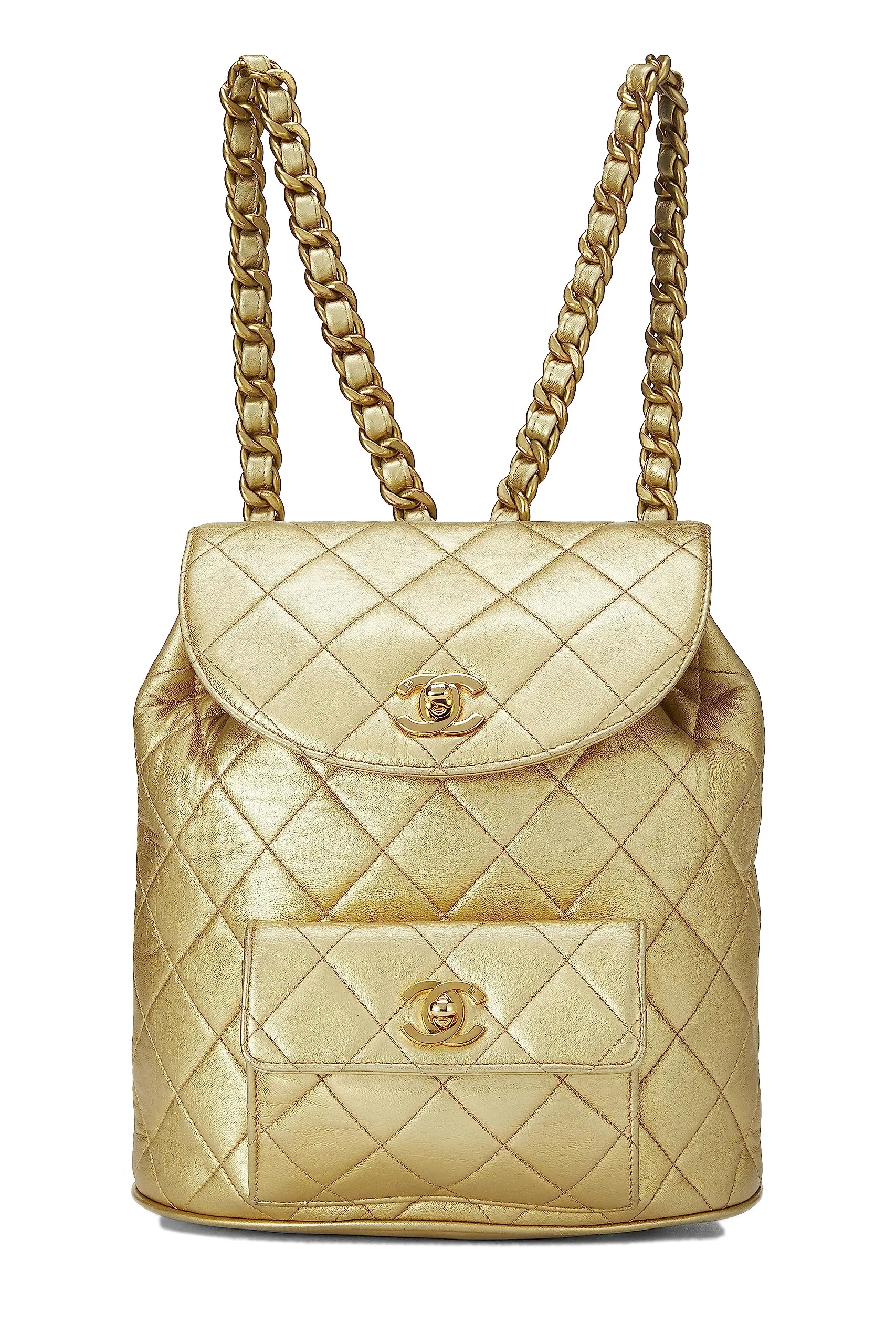 Chanel,  Metallic Gold Quilted Leather Classic Backpack Mini, Gold