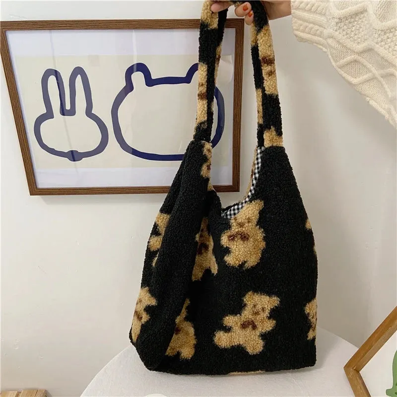 Fluffy Bear Soft Shoulder Bag made of Lamb-Like Fabric