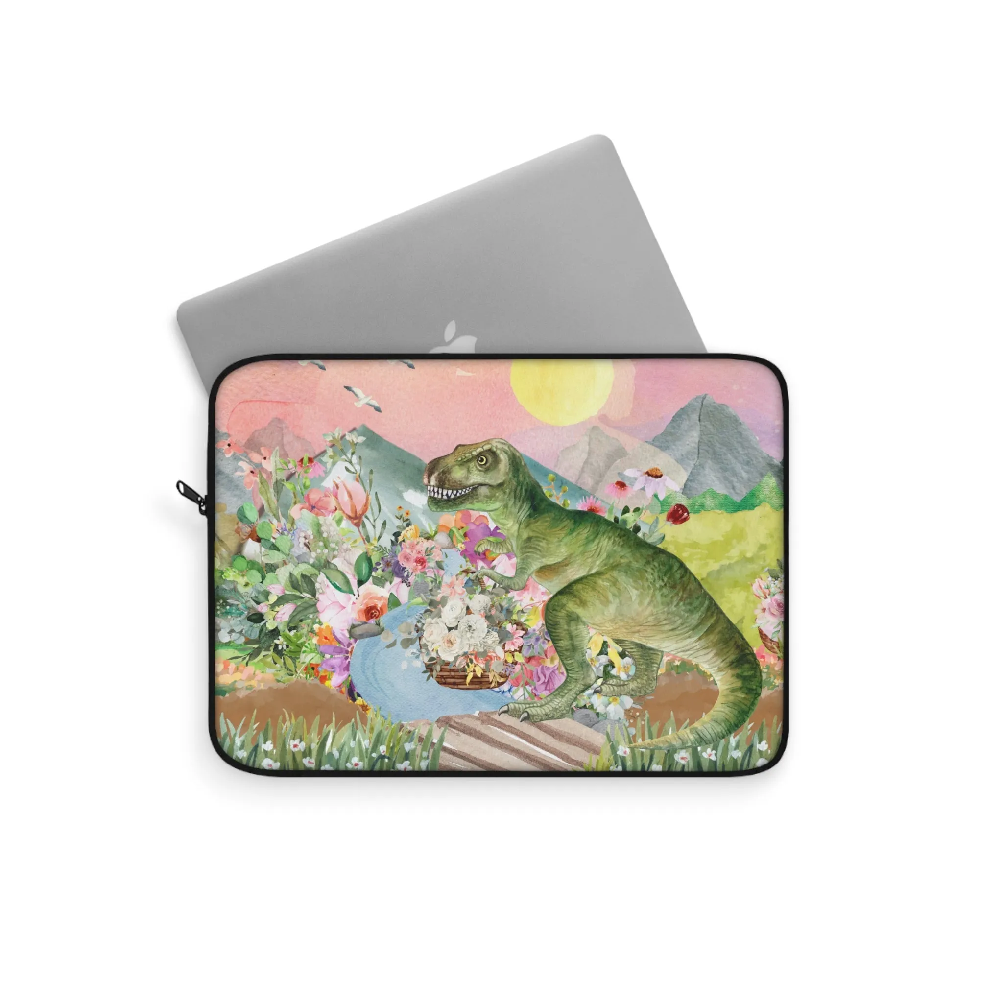 Funny Dinosaur Laptop Sleeve for Science Major or Paleontology Professor: T-Rex Holding Flowers
