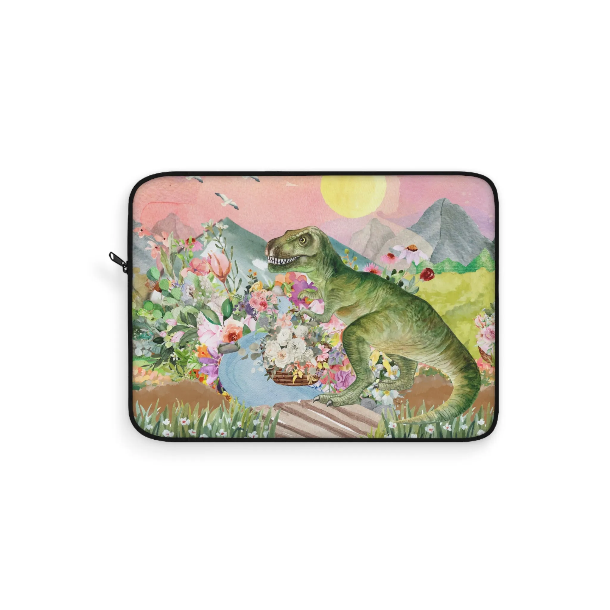 Funny Dinosaur Laptop Sleeve for Science Major or Paleontology Professor: T-Rex Holding Flowers