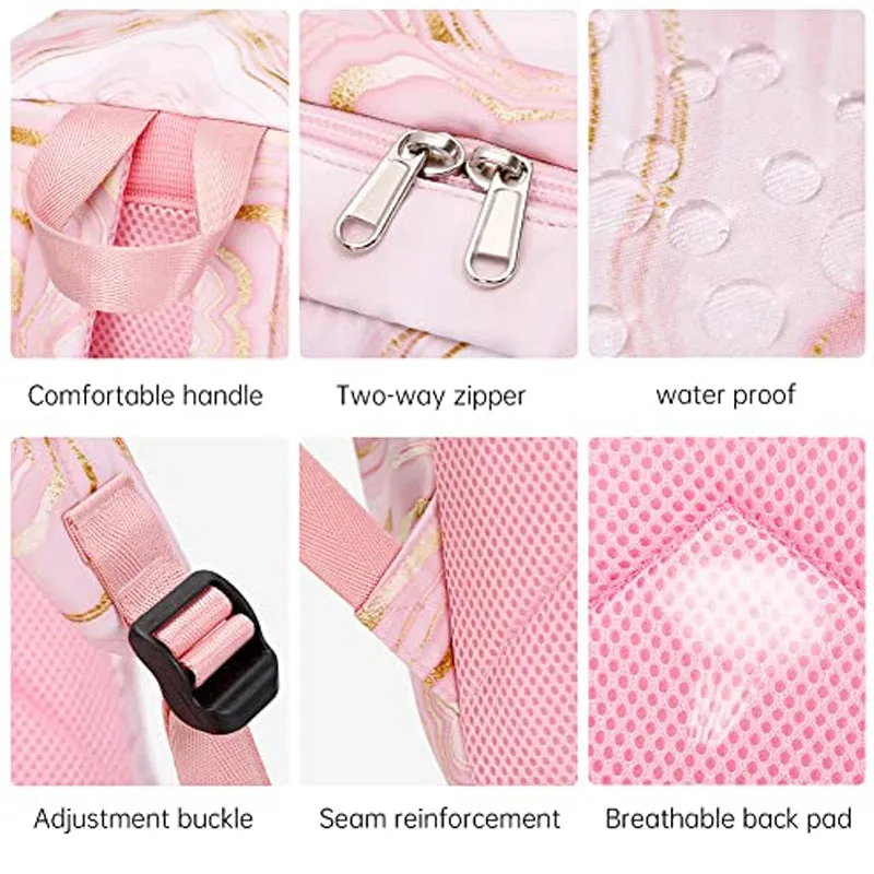 Kids Backpack With Lunch Box Floral School Backpacks - Pink Black White Book Bags For Boys Girls Nylon Set 3 Pieces Marble Prints Daypack Cool