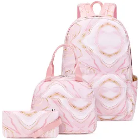 Kids Backpack With Lunch Box Floral School Backpacks - Pink Black White Book Bags For Boys Girls Nylon Set 3 Pieces Marble Prints Daypack Cool