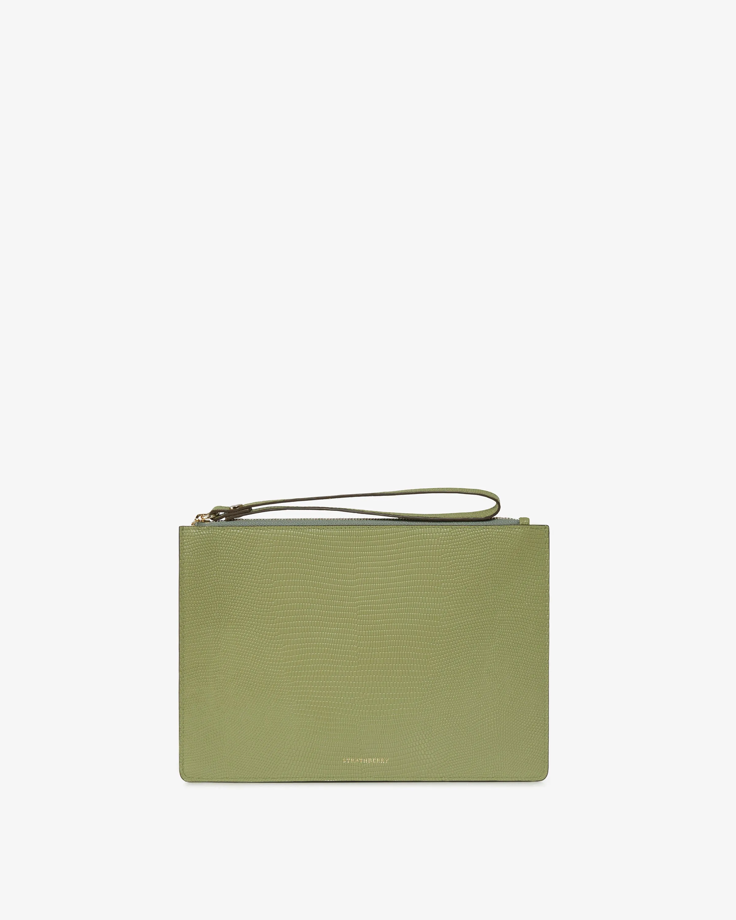 Pouch on a Chain - Lizard-Embossed Leather Olive