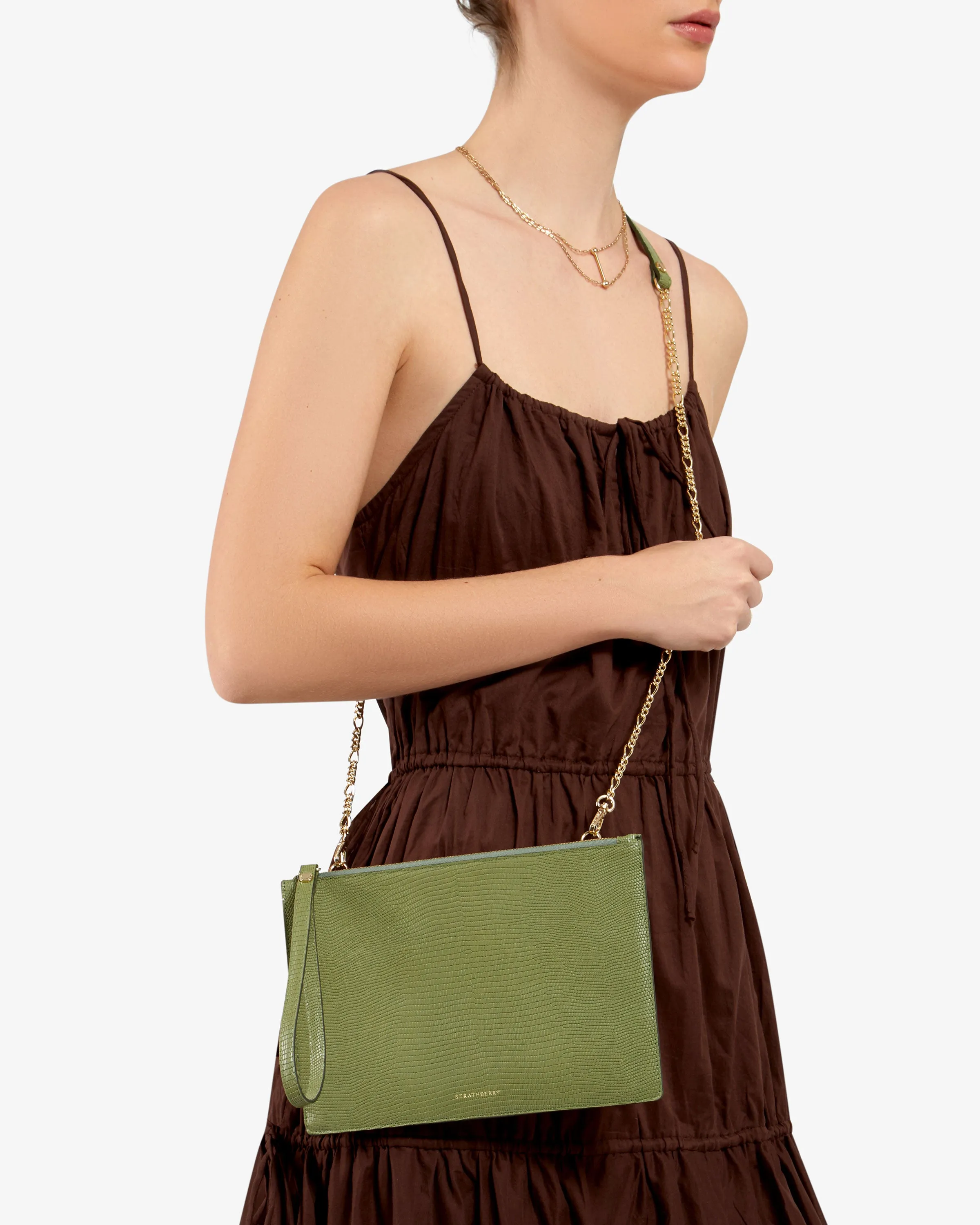 Pouch on a Chain - Lizard-Embossed Leather Olive