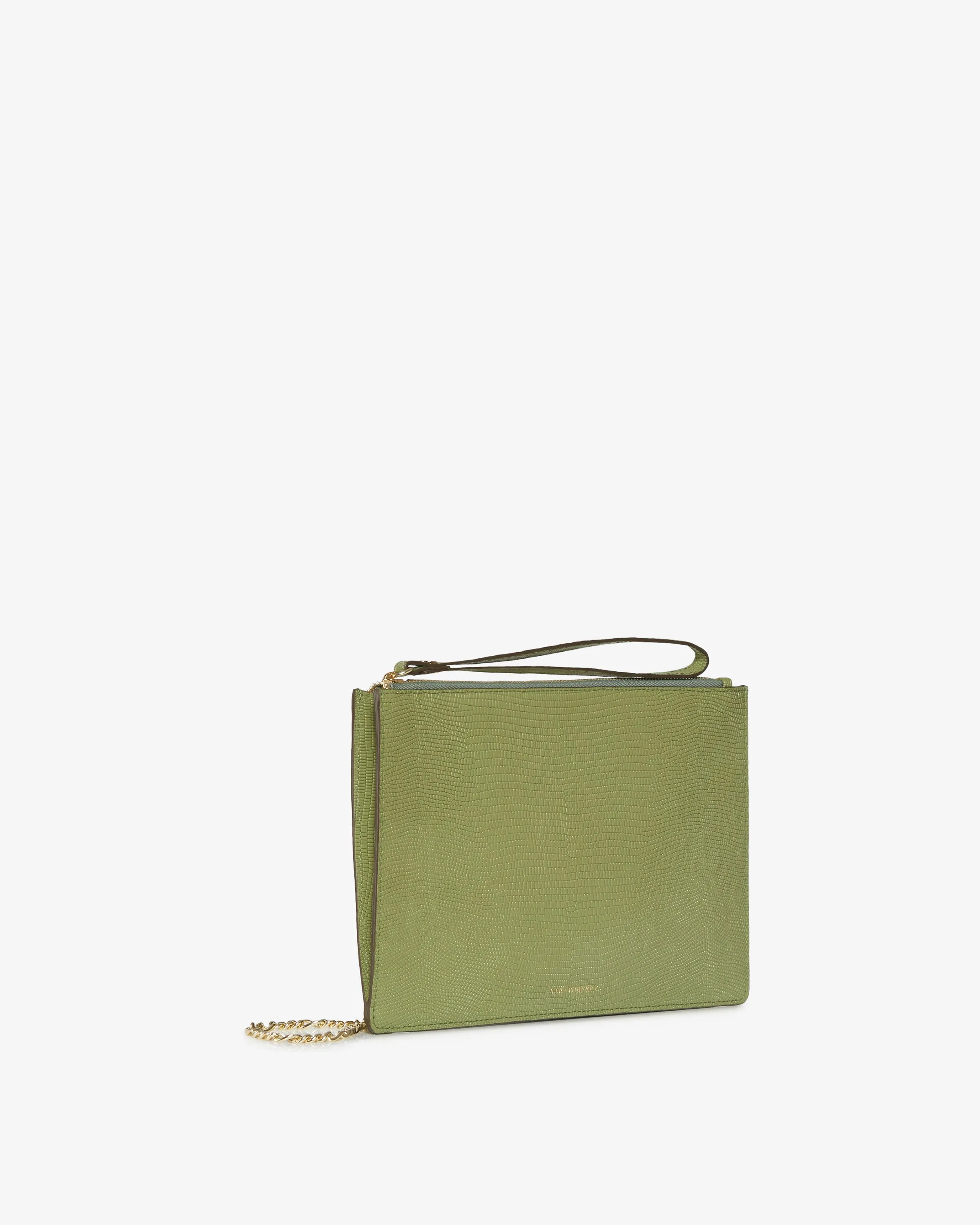 Pouch on a Chain - Lizard-Embossed Leather Olive