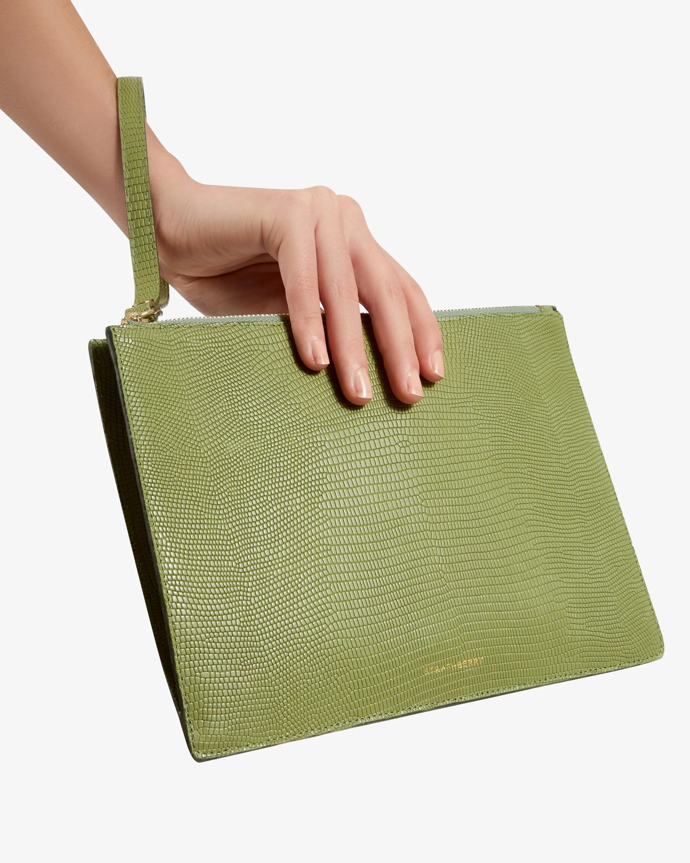 Pouch on a Chain - Lizard-Embossed Leather Olive